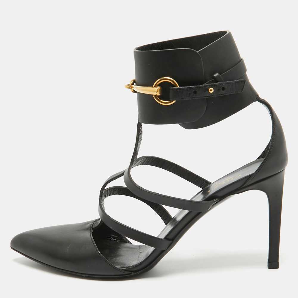 Gucci Black Leather T-Bar Horsebit Ankle Cuff Pum… - image 1