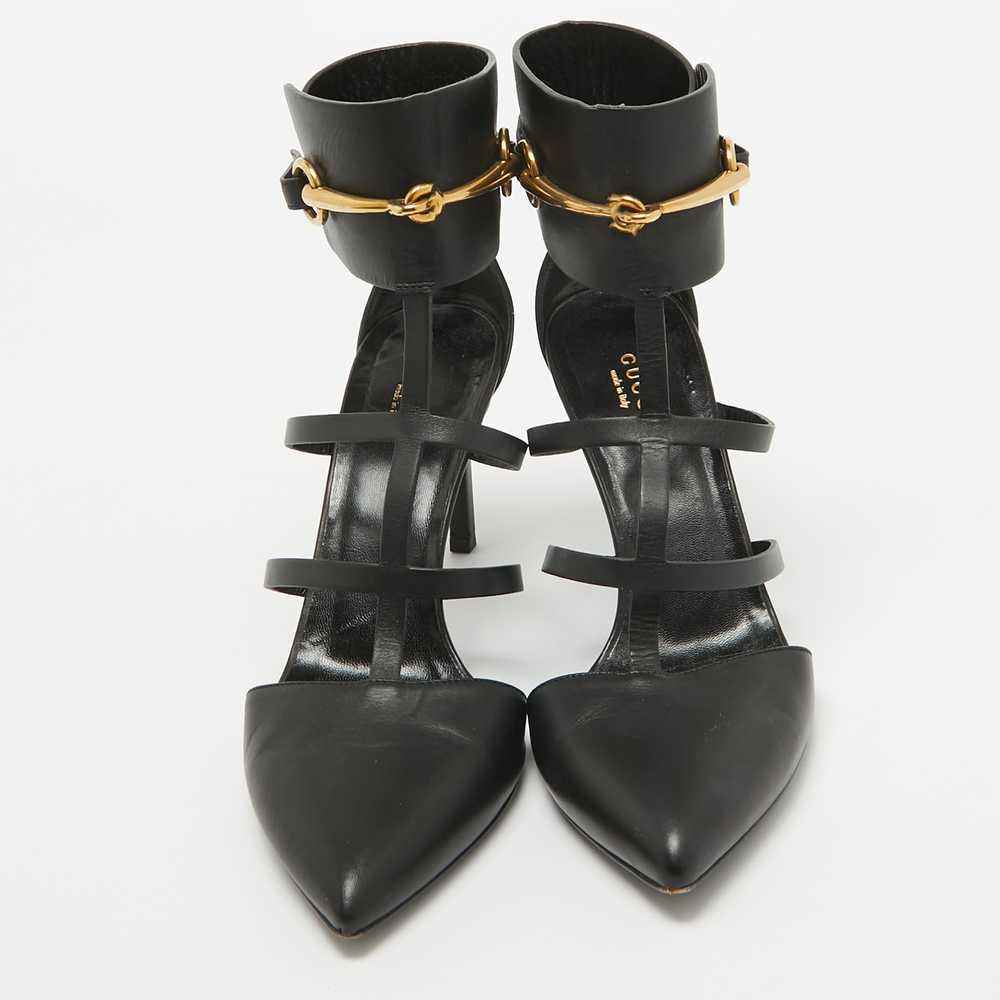 Gucci Black Leather T-Bar Horsebit Ankle Cuff Pum… - image 2