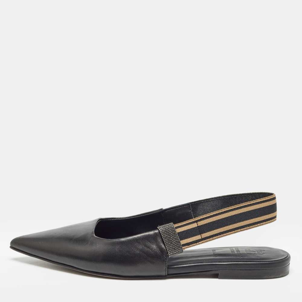 Brunello Cucinelli Black Leather Slingback Flats - image 1