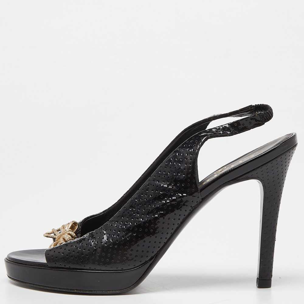 Chanel Black Perforated Patent Leather Open Toe S… - image 1