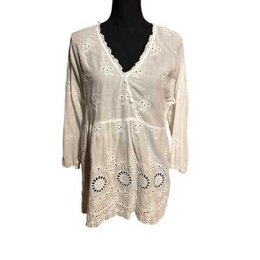 J.Jill White Eyelet Babydoll Style White Blouse To