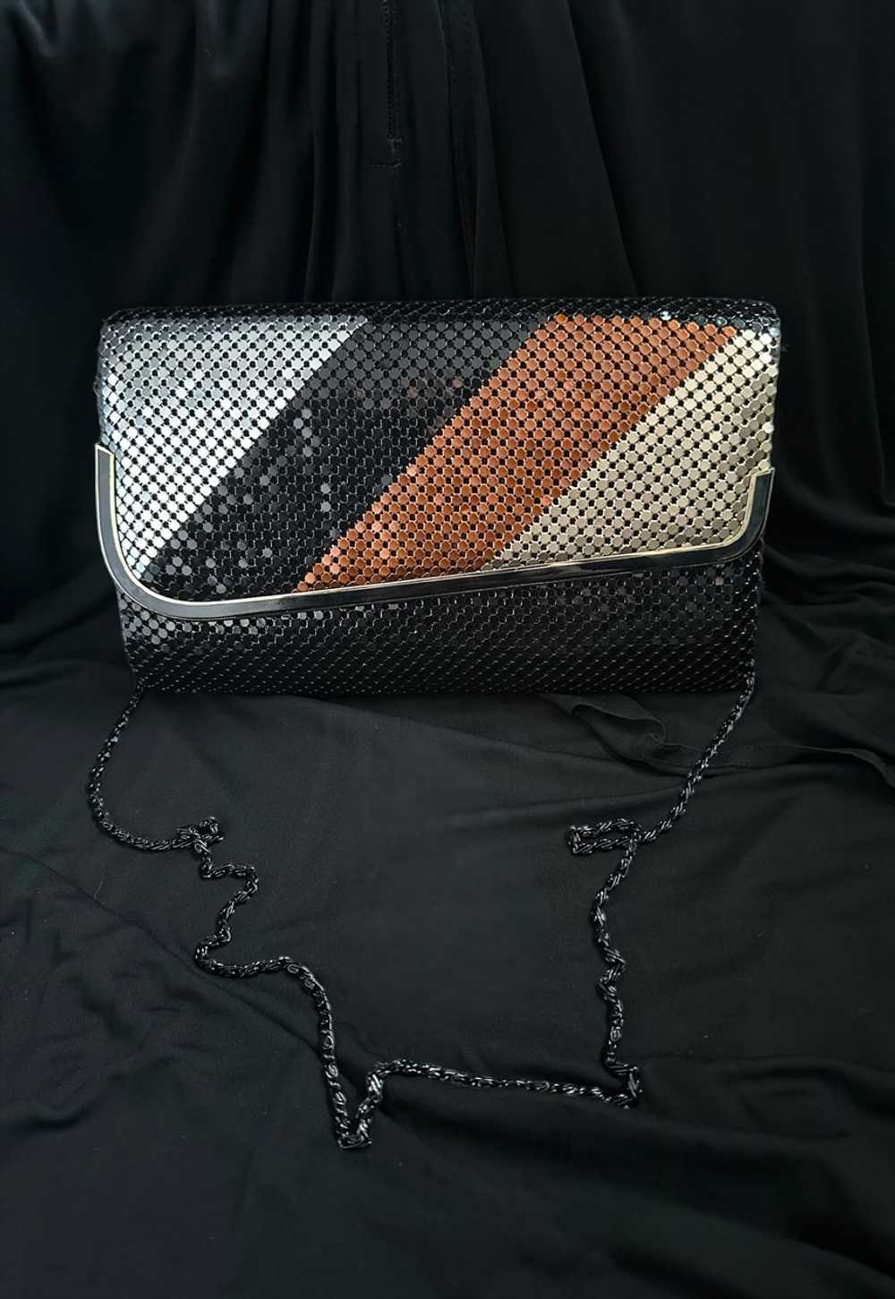 70's Vintage Black Gold Metal Chainmail Clutch Sh… - image 1