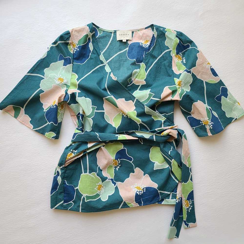 Sezane Shannon Floral Belted Wrap Top V-neck Cott… - image 9