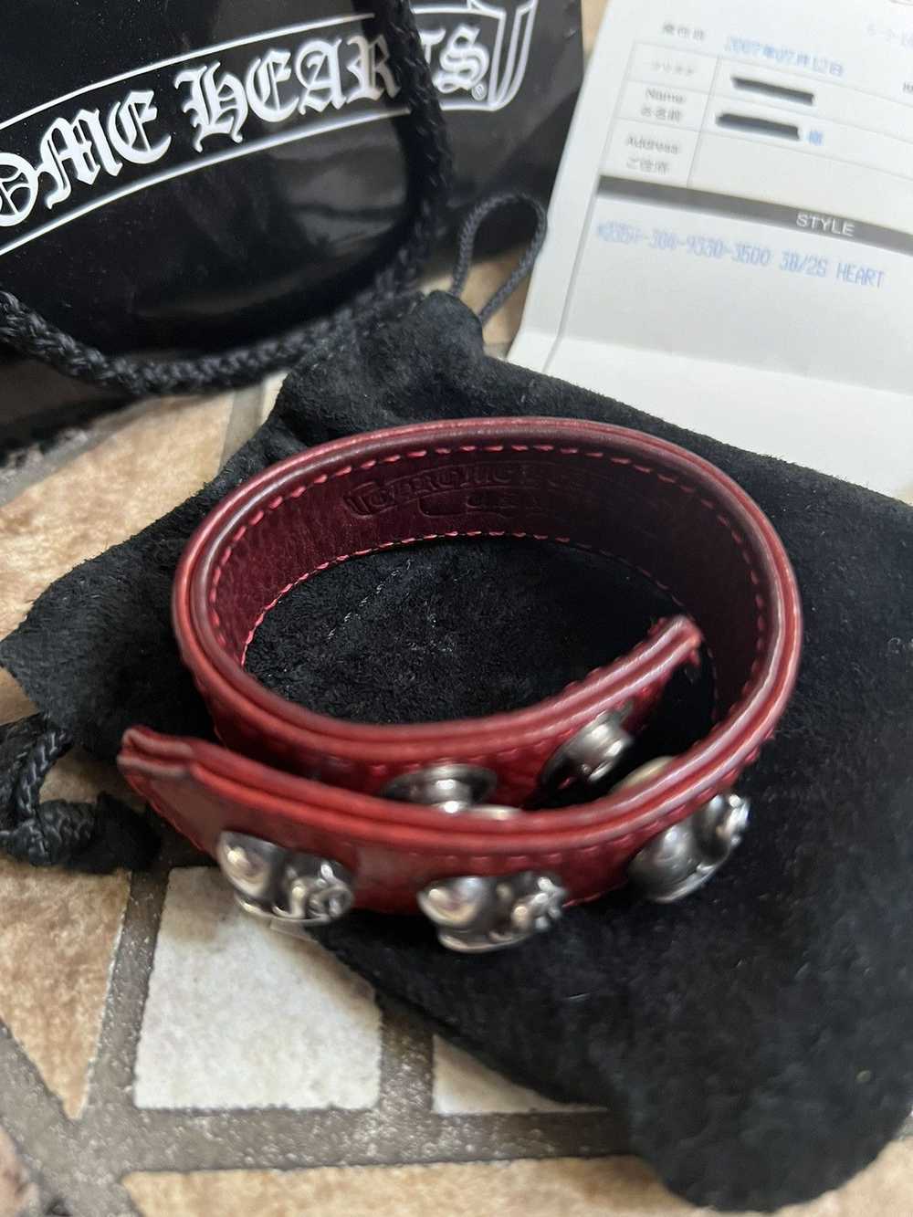 Chrome Hearts 3 Heart Red Leather Snap Bracelet - image 3