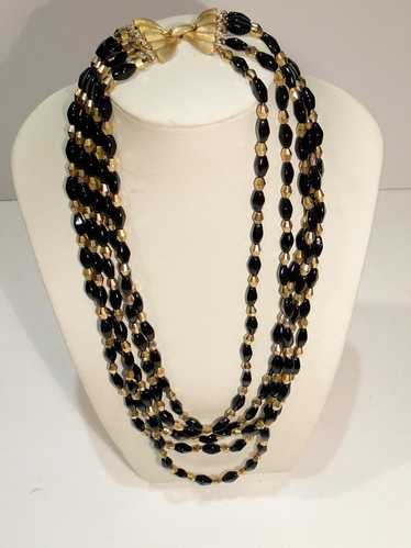 Vintage Trifari 5 Strand Black Onyx & Goldtone Bea