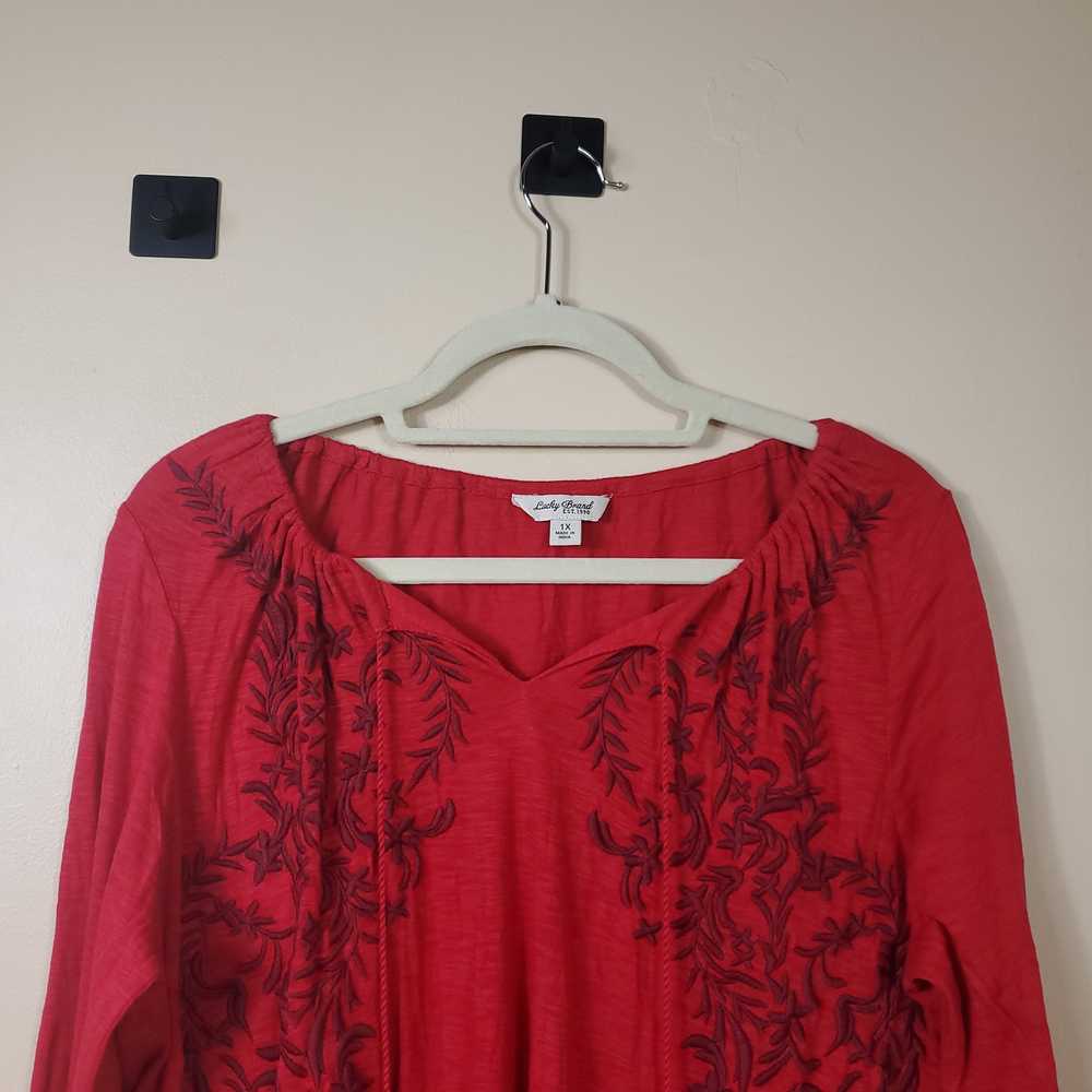 LUCKY BRAND RED EMBROIDERED BOHO PEASANT BLOUSE S… - image 2