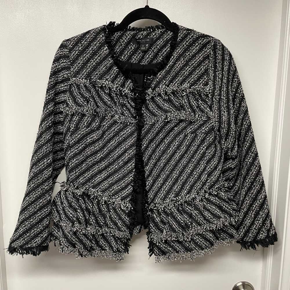 Ann Taylor Black White Striped Tweed Fringe Jacke… - image 1