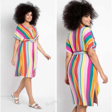 ELOQUII Rainbow Stripe Wrap Around Midi Dress {H40