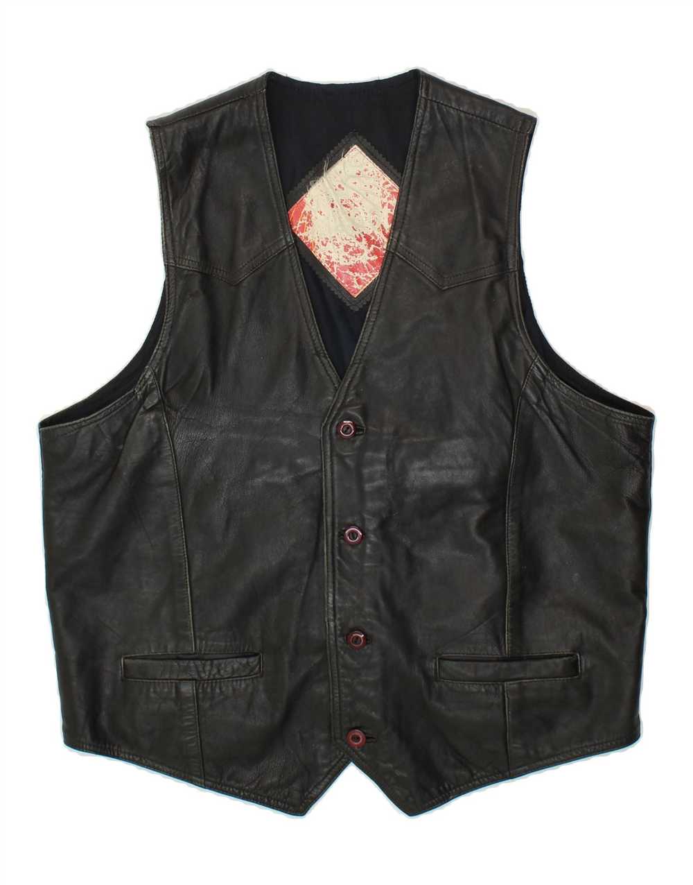 VINTAGE Mens Waistcoat Medium Black Leather AT02 - image 1