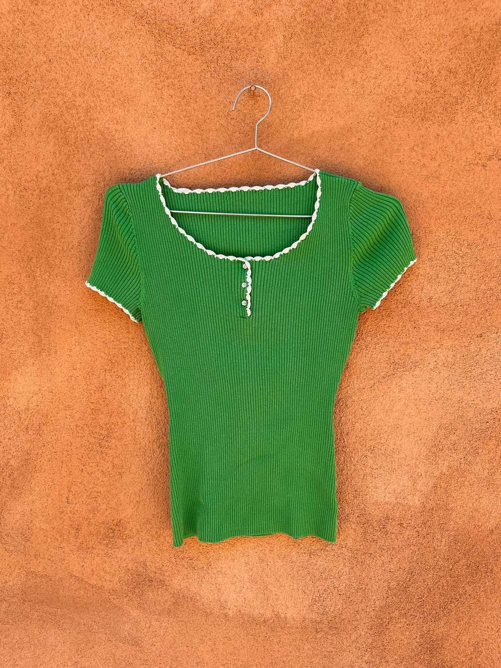 Green Ribbed Henley with Rhinestone Buttons - image 1