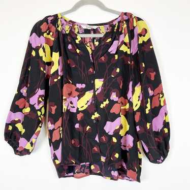 Tucker Womens 100% Silk Floral Button Up Blouse cheapest Top Black