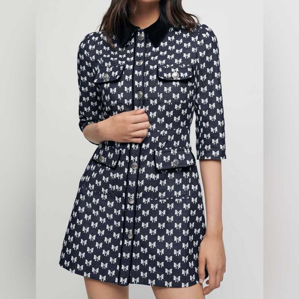 Maje Renatila Bow Jacquard Mini Dress, Navy, Velv… - image 1