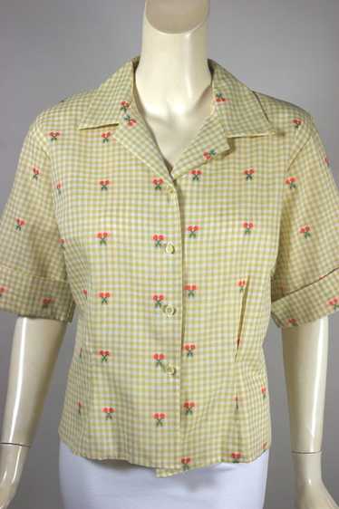 Cherries gingham cotton blouse 1960s deadstock top