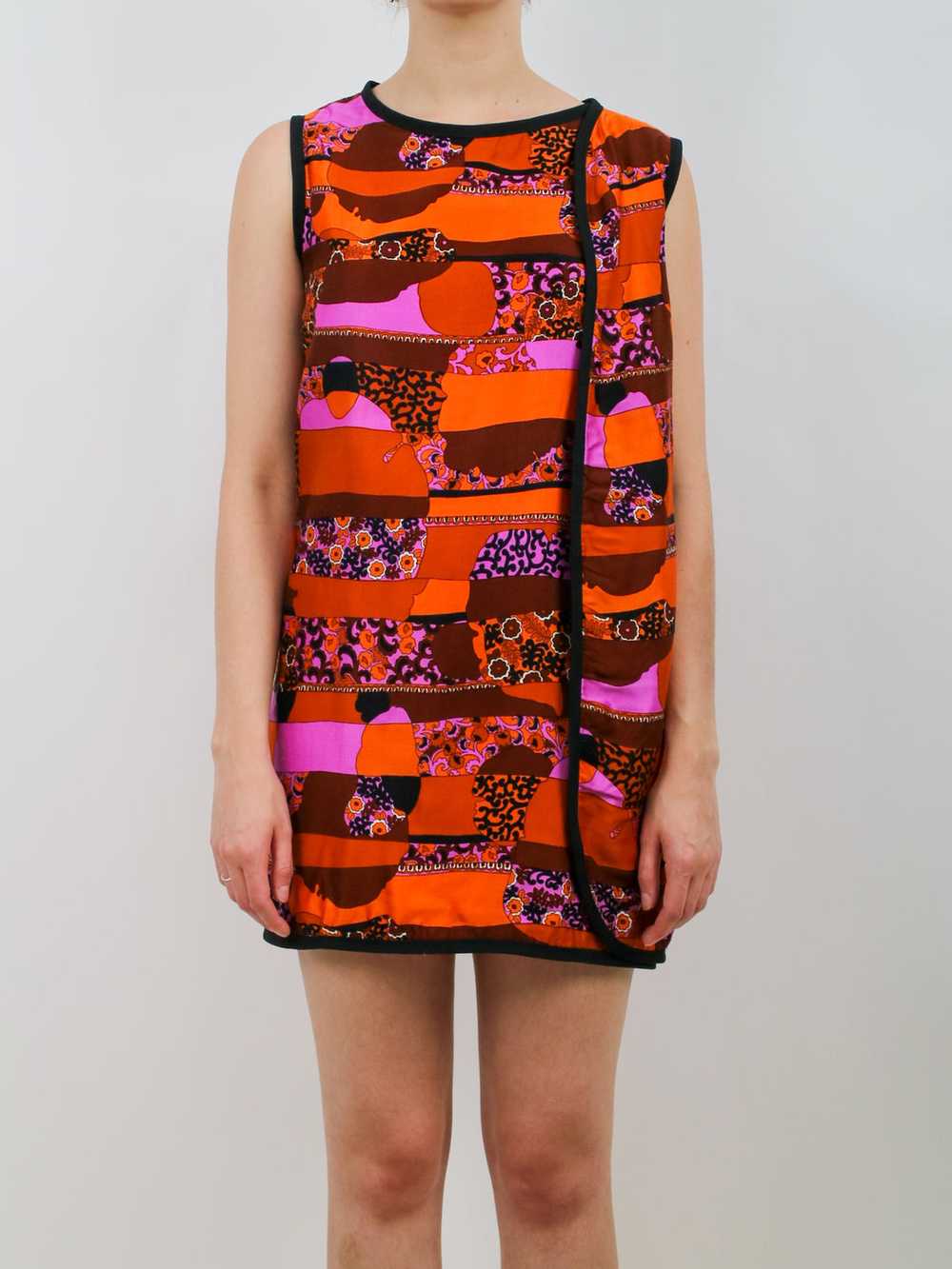 1960s Mod Orange Pink and Black Wrap Mini Dress - image 1