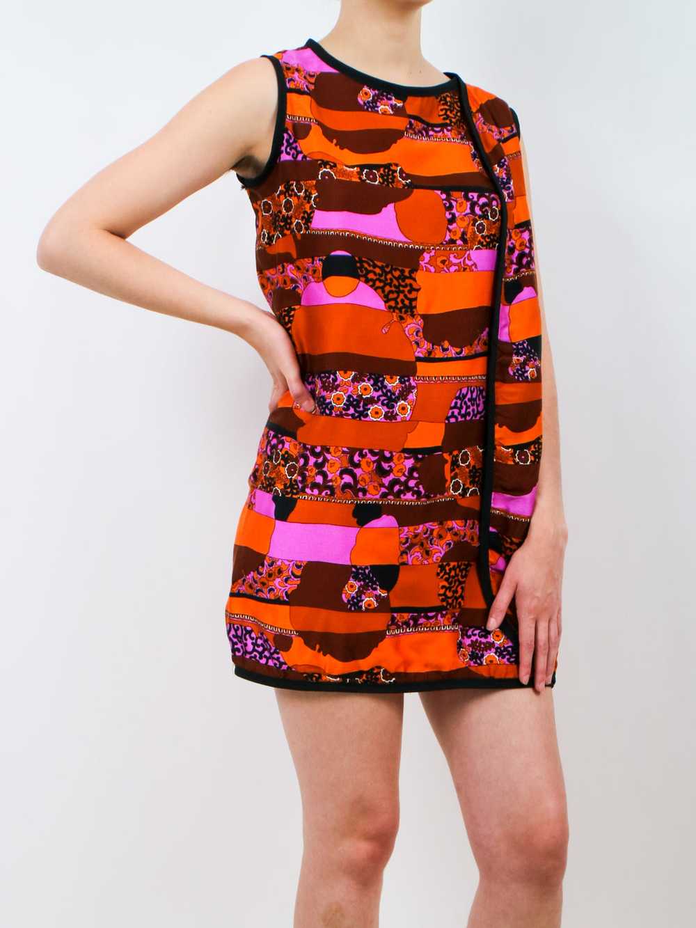 1960s Mod Orange Pink and Black Wrap Mini Dress - image 3