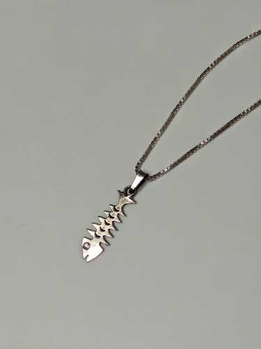 Vintage Sterling Silver Fish Bone Pendant Necklace