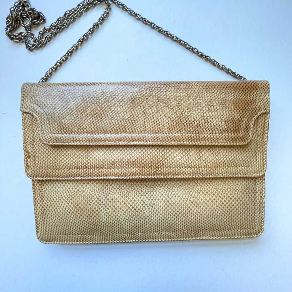 Vintage 70s Tan Lizard Flat Clutch Bag + Metal St… - image 2