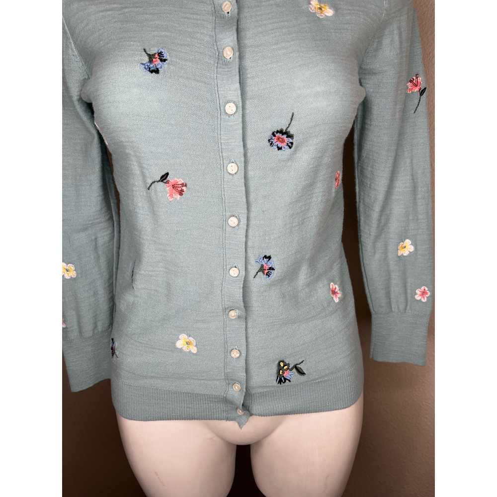 LOFT Light Teal Floral Embroidered Cardigan Size … - image 10