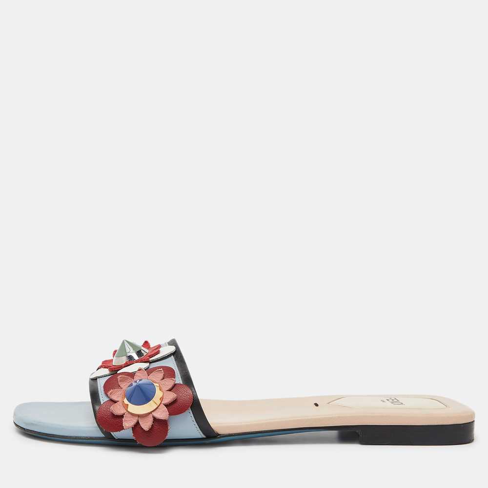 Fendi Blue Leather Flowerland Open Toe Flat Slides - image 1