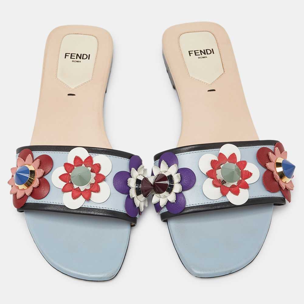 Fendi Blue Leather Flowerland Open Toe Flat Slides - image 2