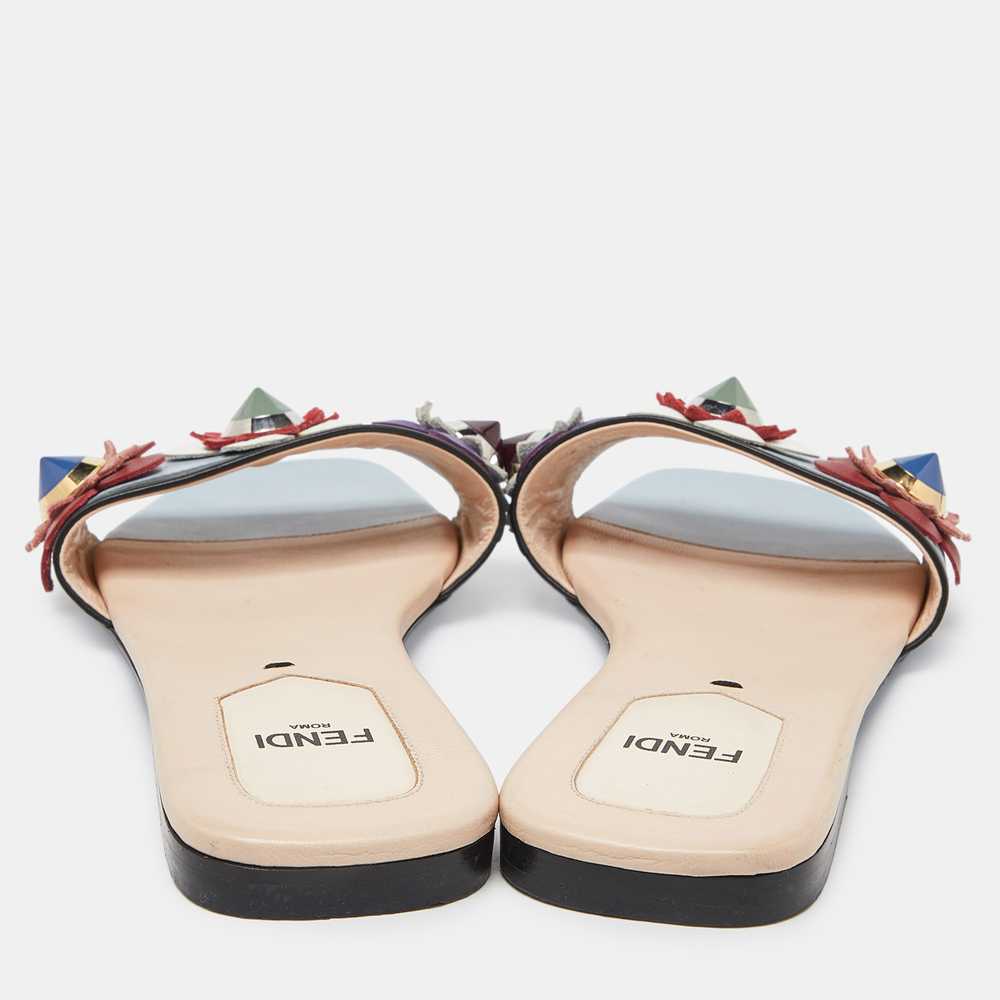 Fendi Blue Leather Flowerland Open Toe Flat Slides - image 3