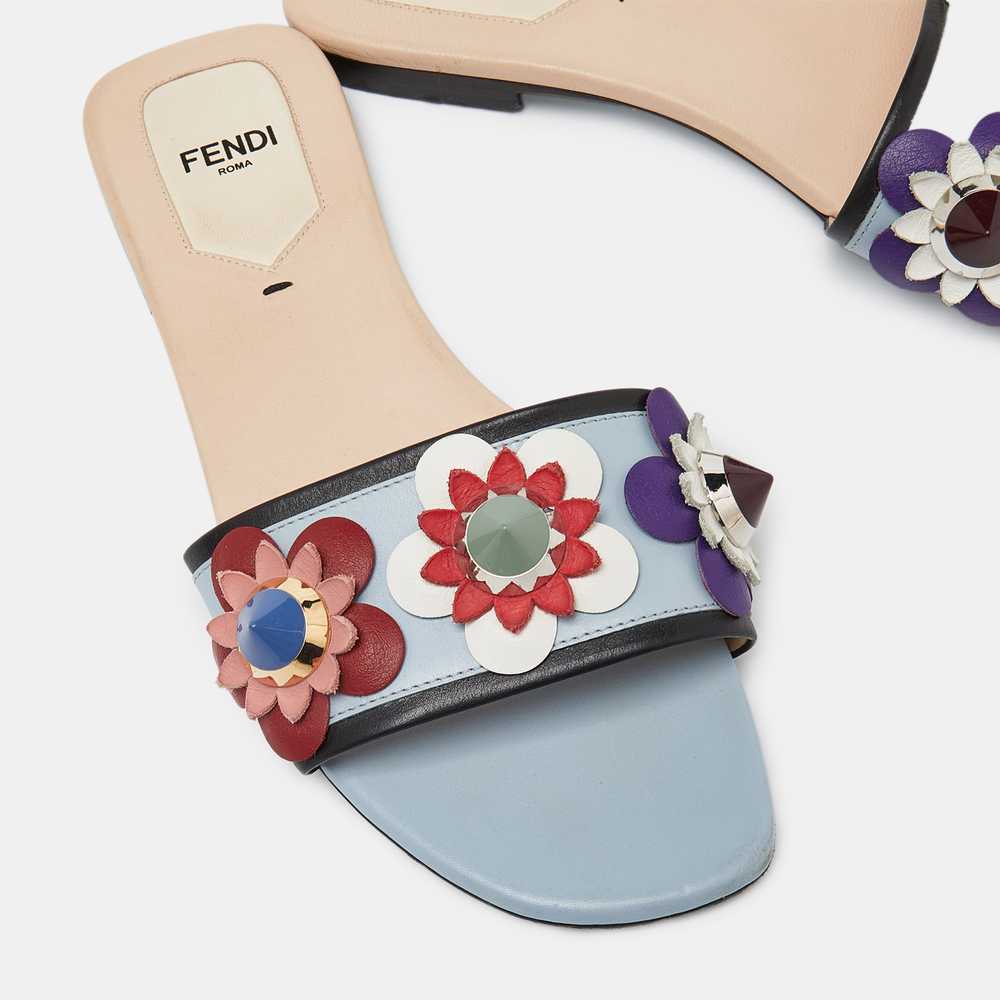 Fendi Blue Leather Flowerland Open Toe Flat Slides - image 5