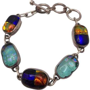 Vintage Sterling Silver and Dichroic Glass Scarab… - image 1