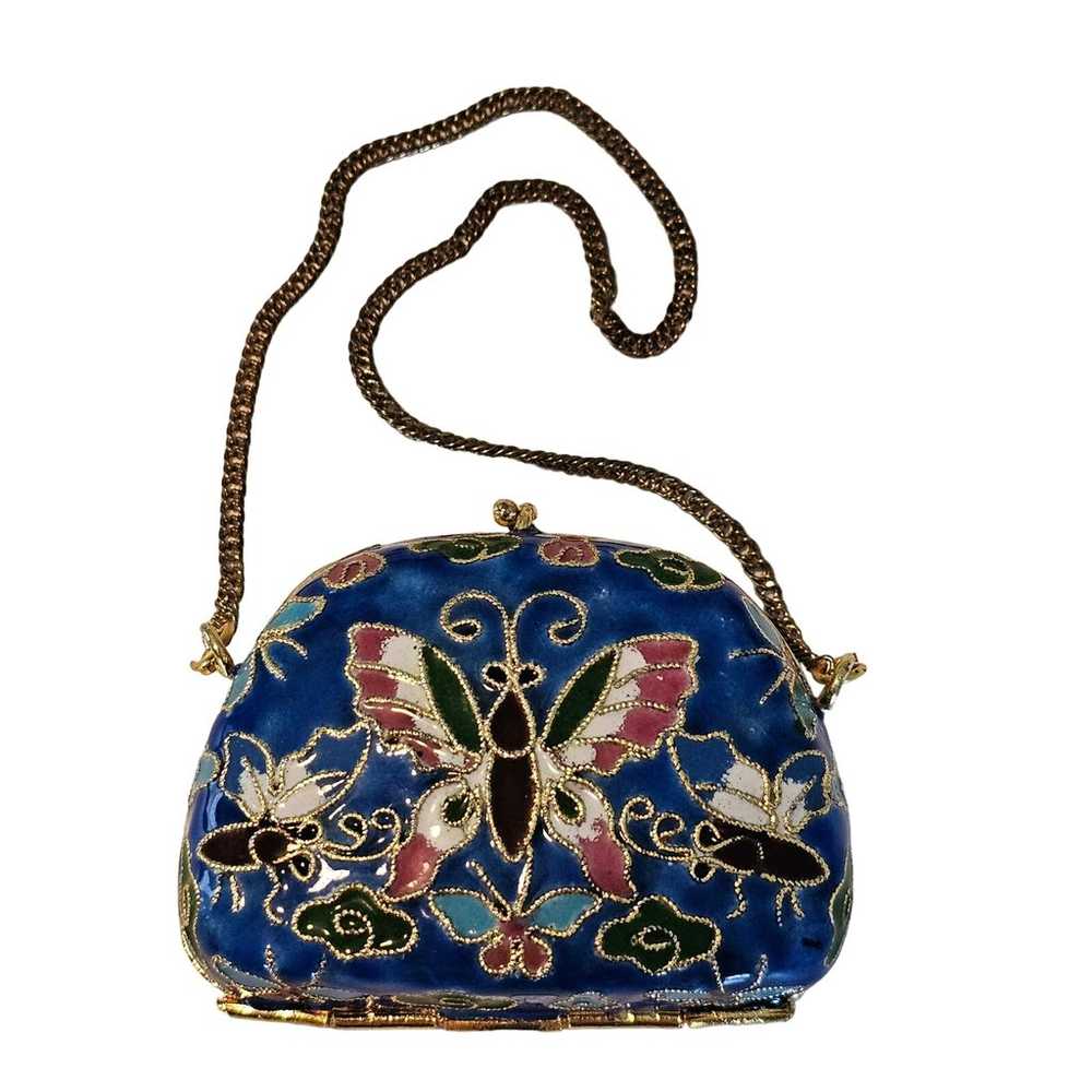 Vintage Cloisonne Micro Purse Miniature Blue Butt… - image 1