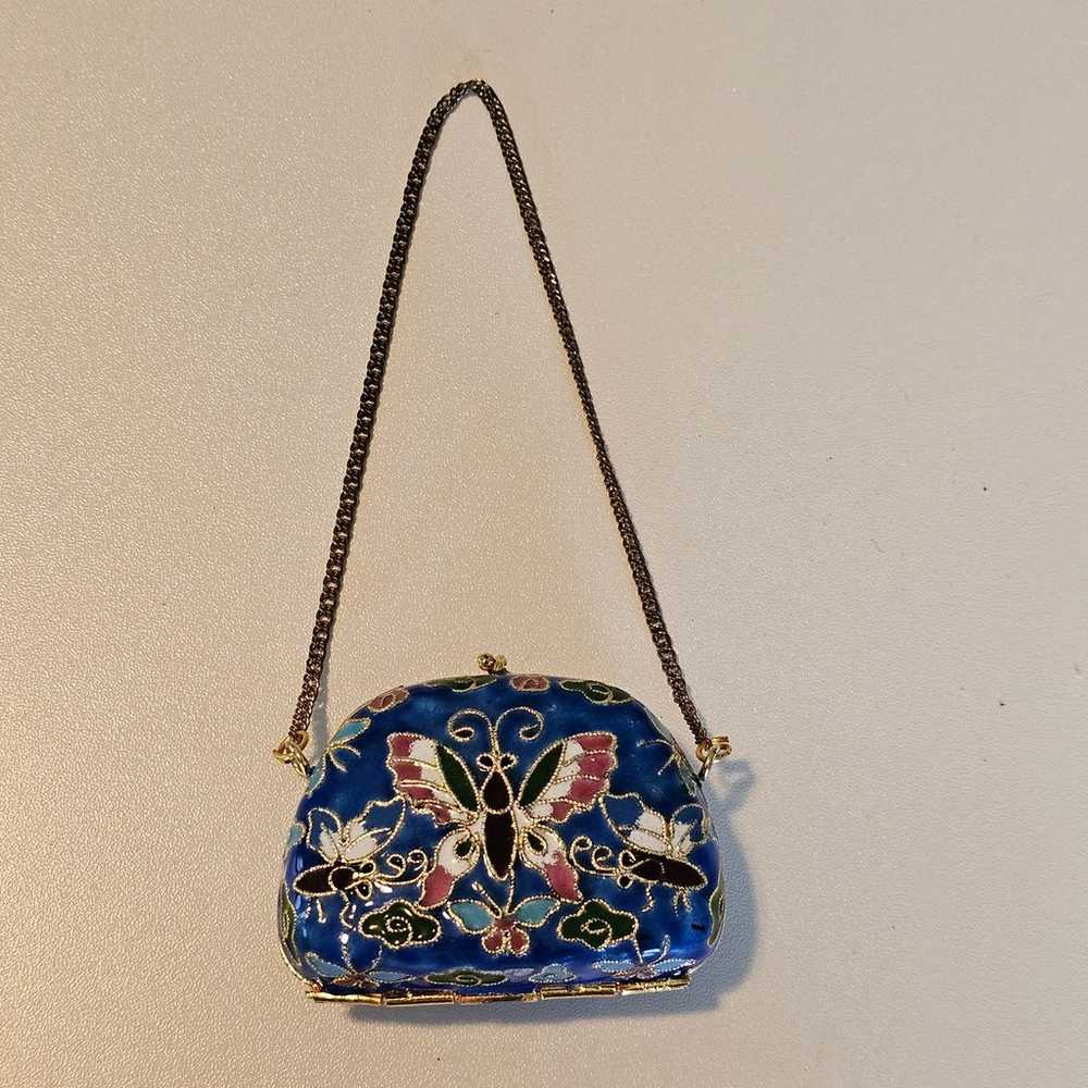 Vintage Cloisonne Micro Purse Miniature Blue Butt… - image 2