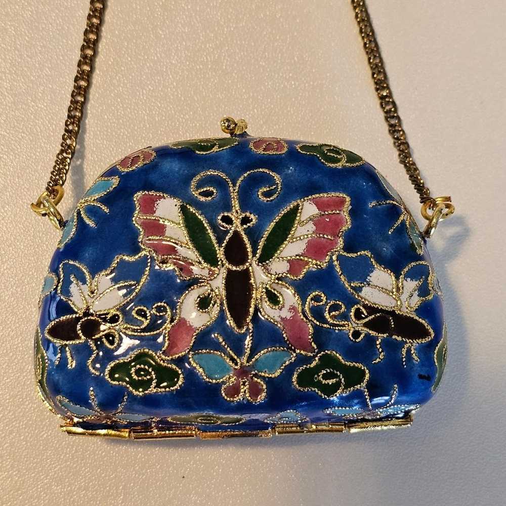 Vintage Cloisonne Micro Purse Miniature Blue Butt… - image 4