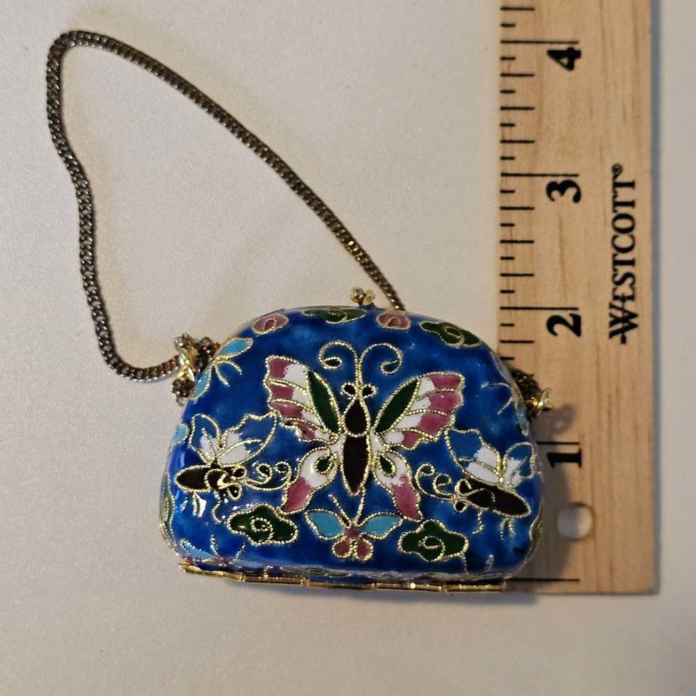 Vintage Cloisonne Micro Purse Miniature Blue Butt… - image 6