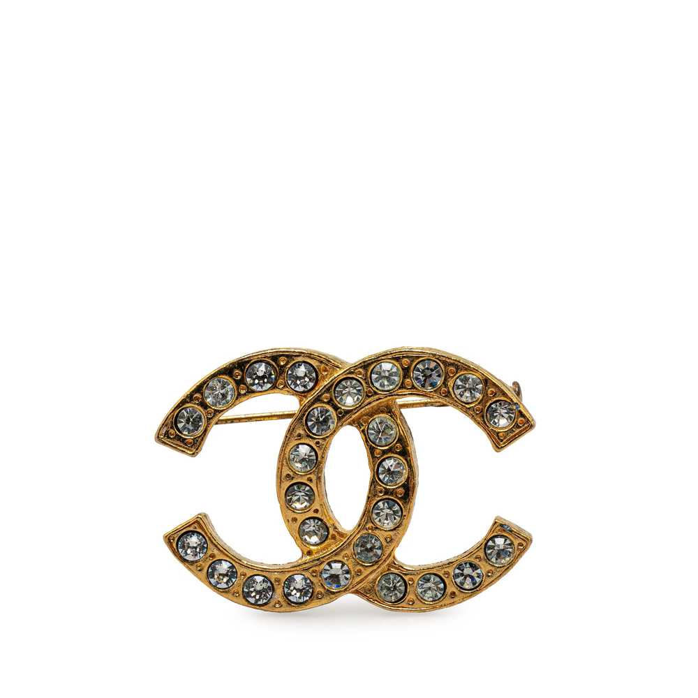 Gold Chanel Gold Plated CC Rhinestone Brooch - image 1