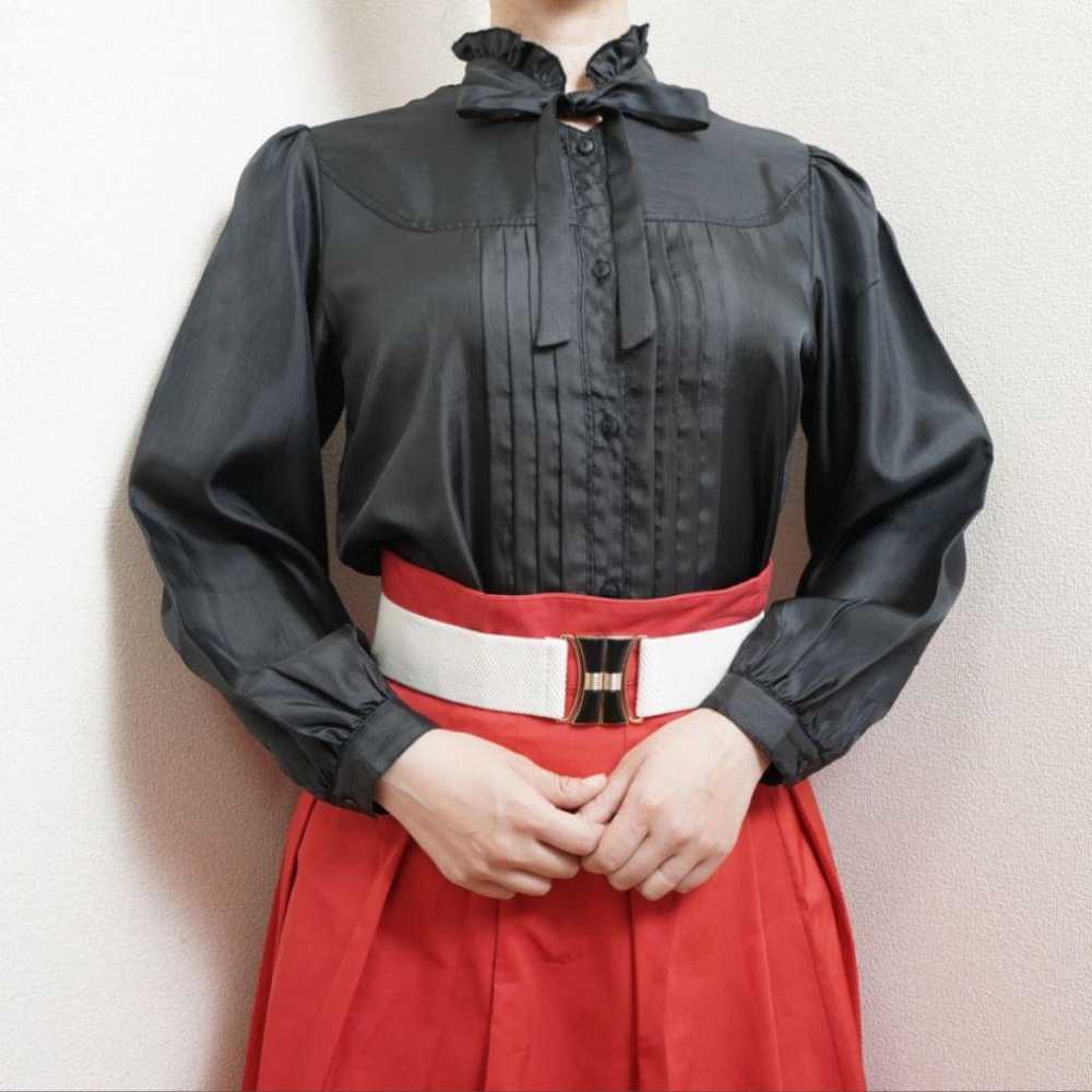 Blouse shirt with ribbon frills in black, Showa r… - image 1