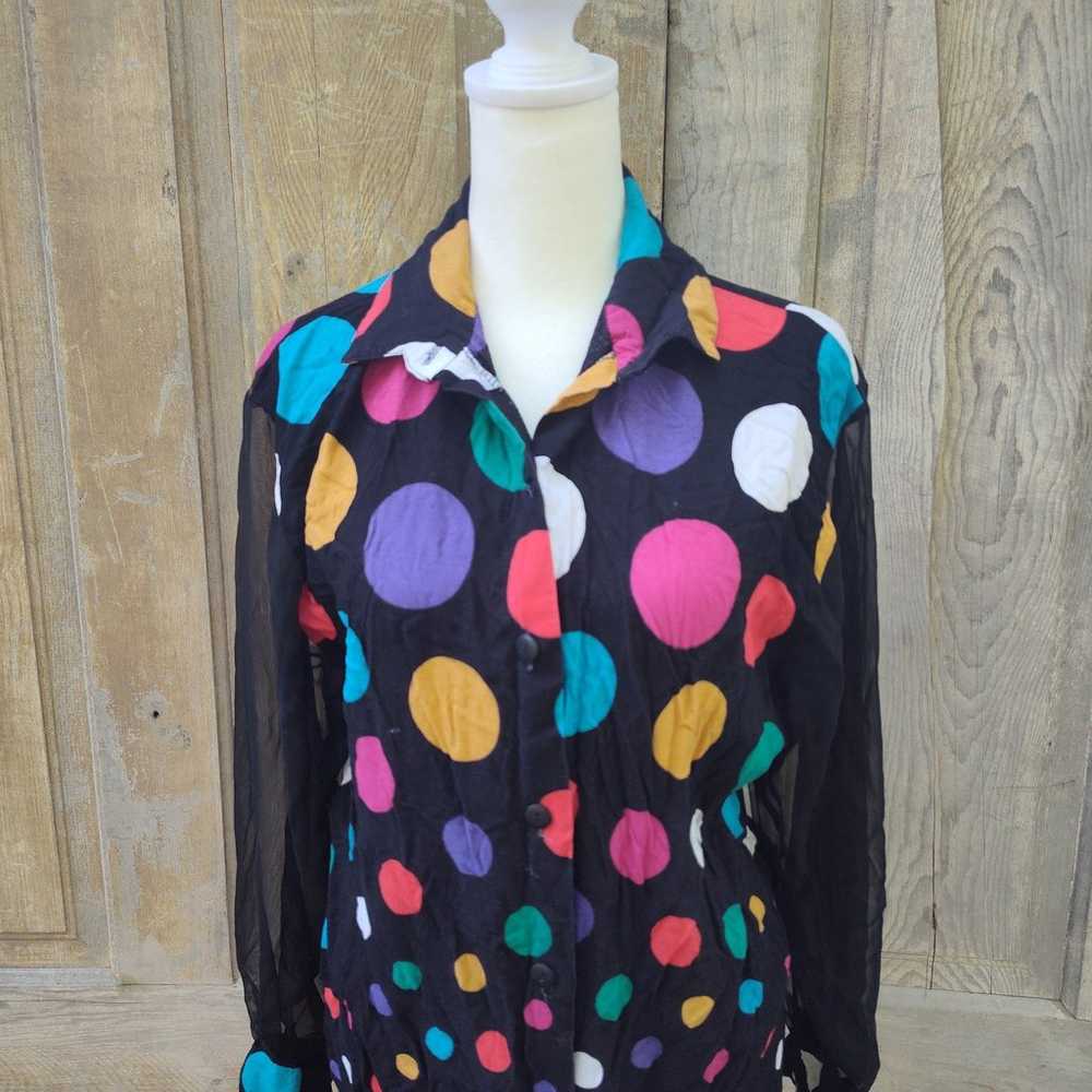 Vintage Black Rainbow Polka Dot Blouse - image 1