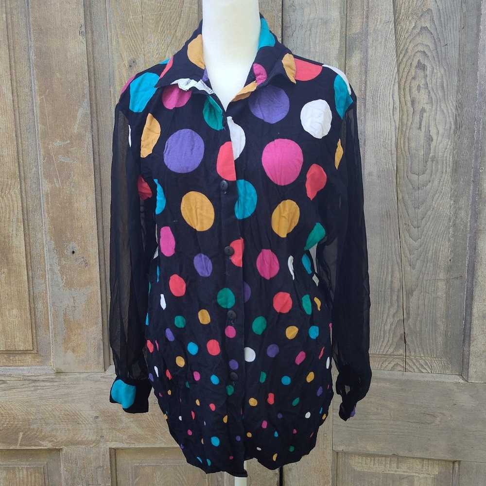 Vintage Black Rainbow Polka Dot Blouse - image 2