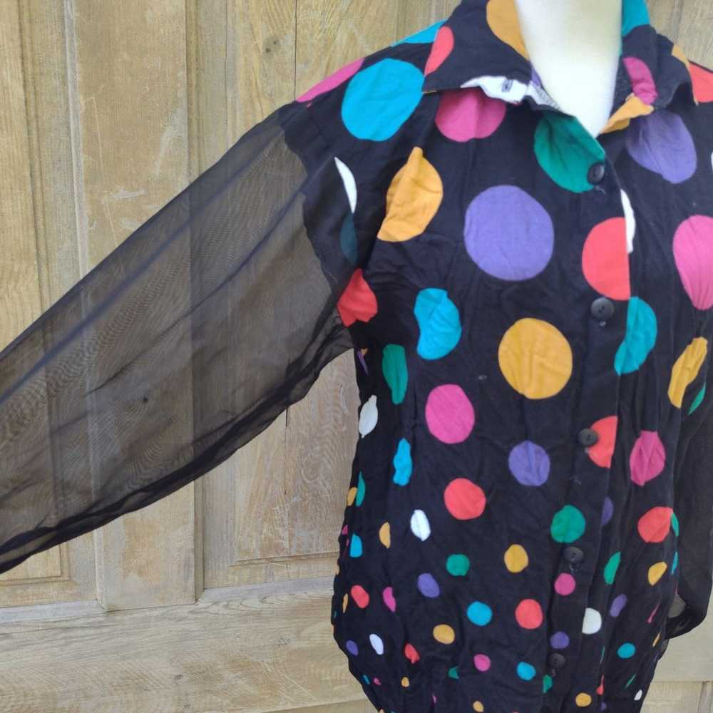 Vintage Black Rainbow Polka Dot Blouse - image 3