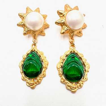 Womens Earrings Green Resin Faux Pearl Matte Gold… - image 1