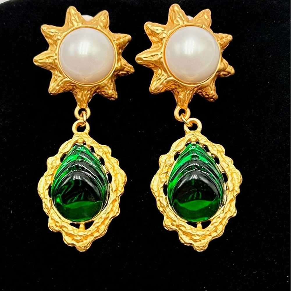 Womens Earrings Green Resin Faux Pearl Matte Gold… - image 2