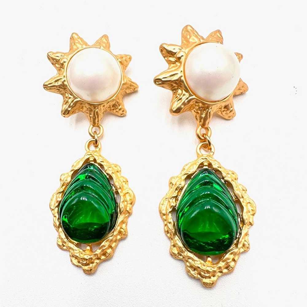 Womens Earrings Green Resin Faux Pearl Matte Gold… - image 3