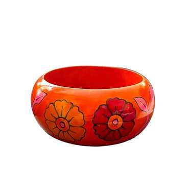 Vintage Bangle Bracelet Wooden Orange Pink Floral… - image 1