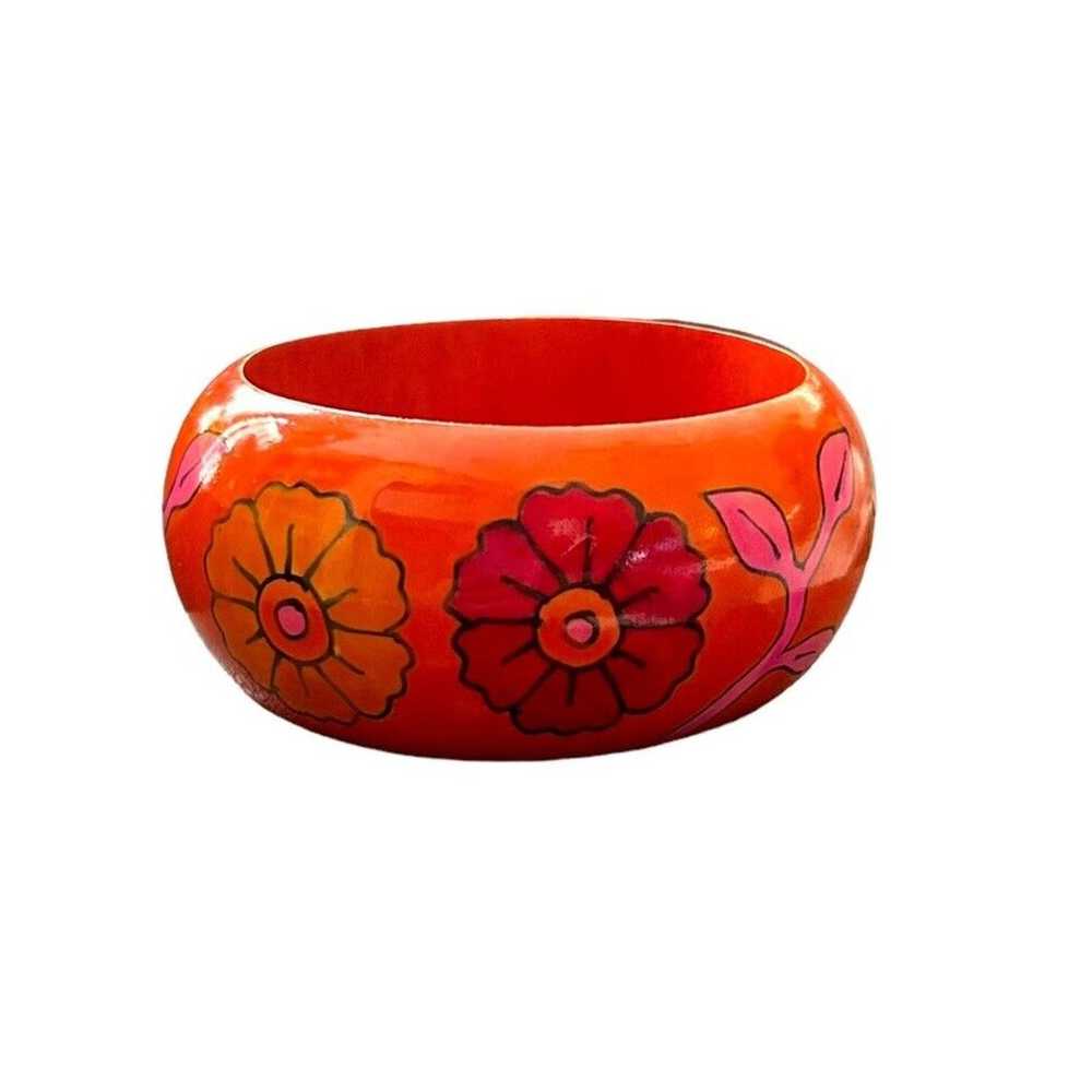 Vintage Bangle Bracelet Wooden Orange Pink Floral… - image 2