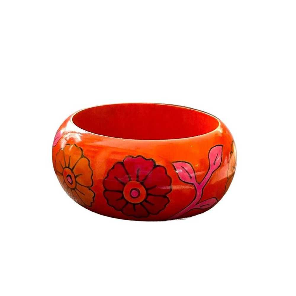 Vintage Bangle Bracelet Wooden Orange Pink Floral… - image 3