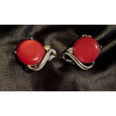 Vintage Signed Coro Clip On Earrings Red Silver a… - image 1