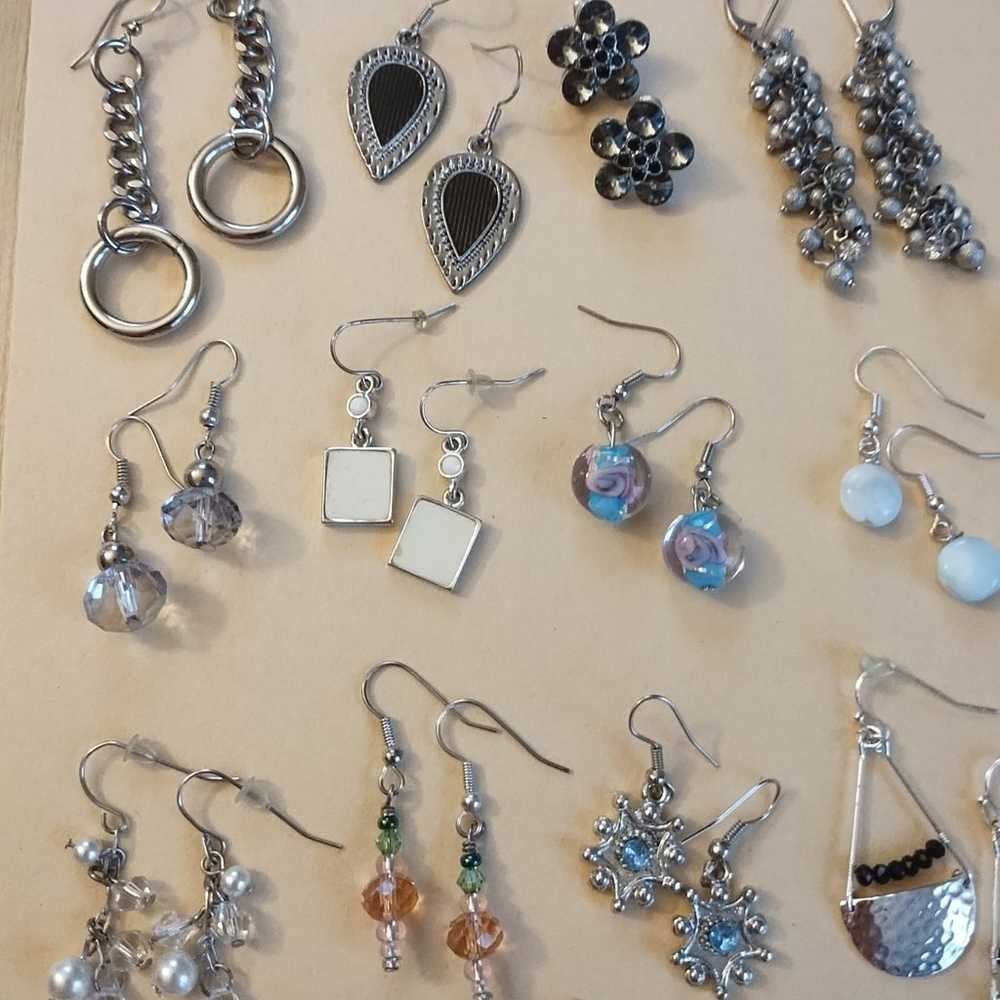 earring Lot 26 pairs silver tone - image 11