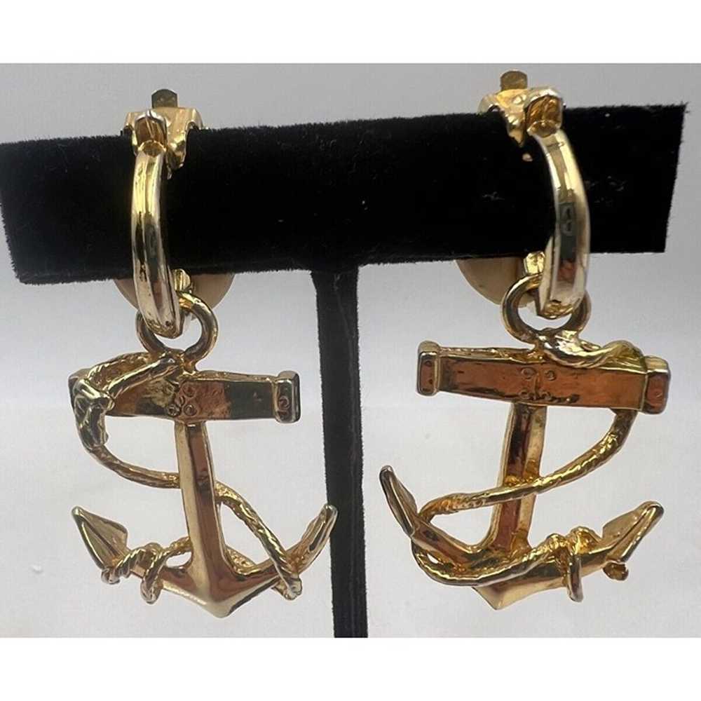 Vintage Goldtone Anchors Earrings Nautical Clip O… - image 1