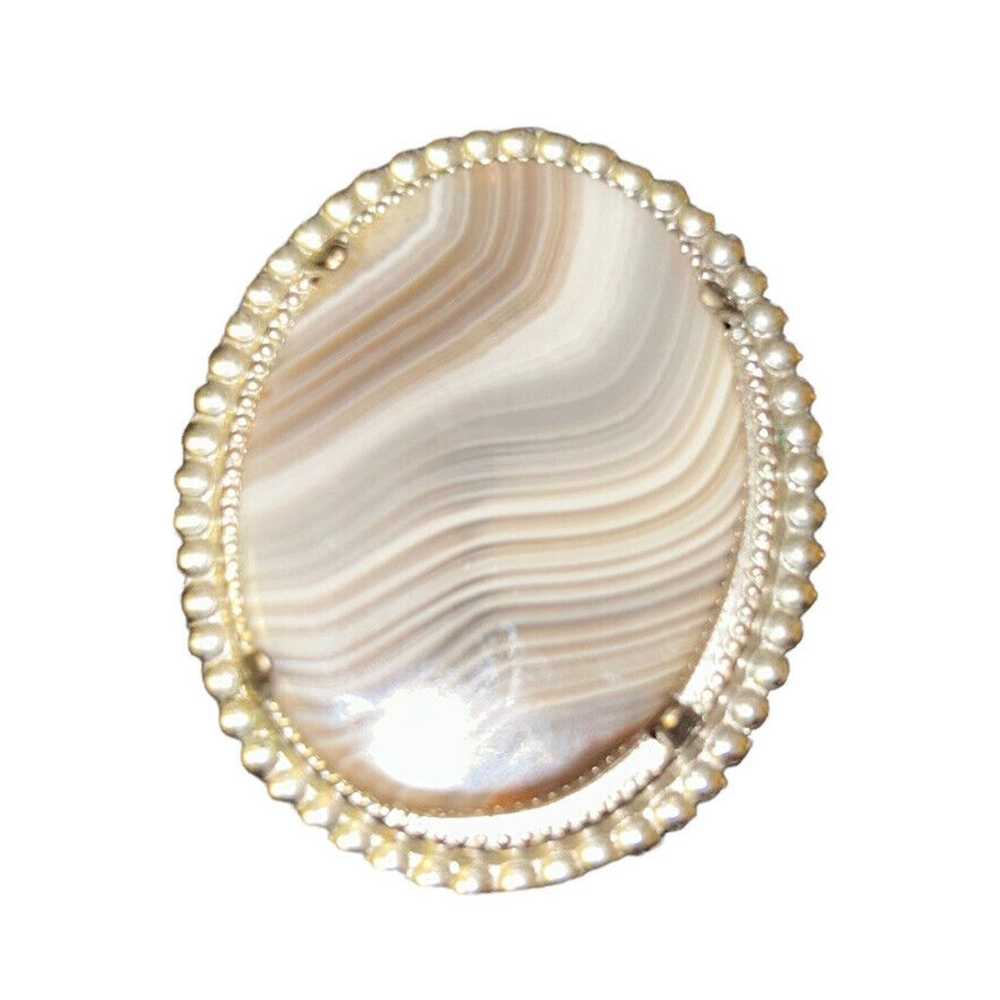 Vintage Agate Brooch Oval Brown White Swirl Silve… - image 1