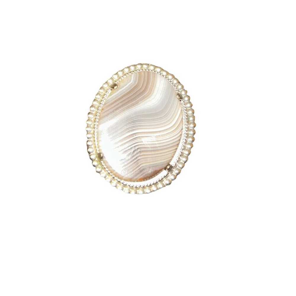 Vintage Agate Brooch Oval Brown White Swirl Silve… - image 2