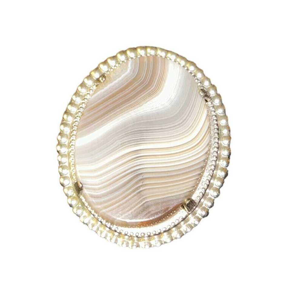 Vintage Agate Brooch Oval Brown White Swirl Silve… - image 8