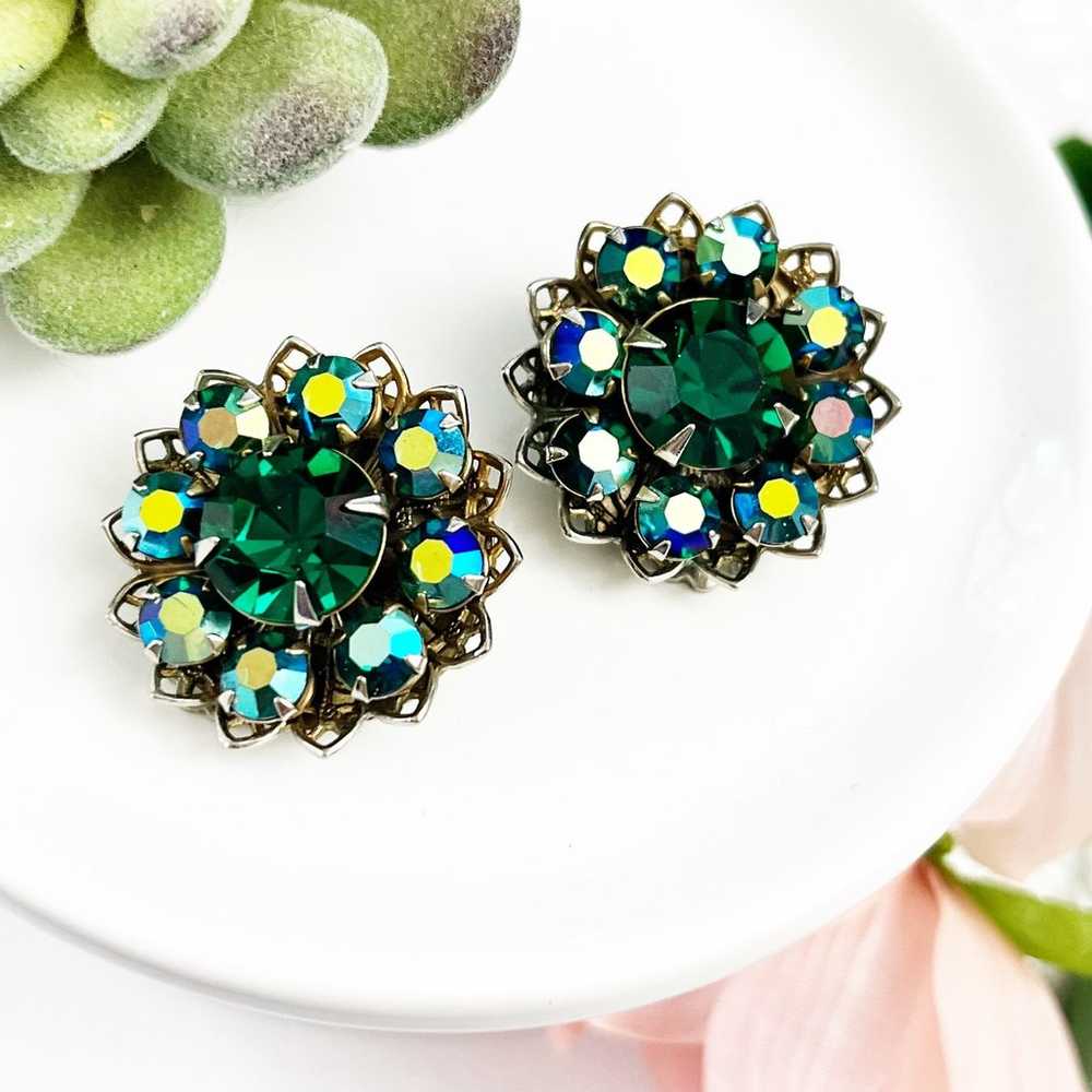 Vintage Aurora Borealis Green Flower Clip Earrings - image 1