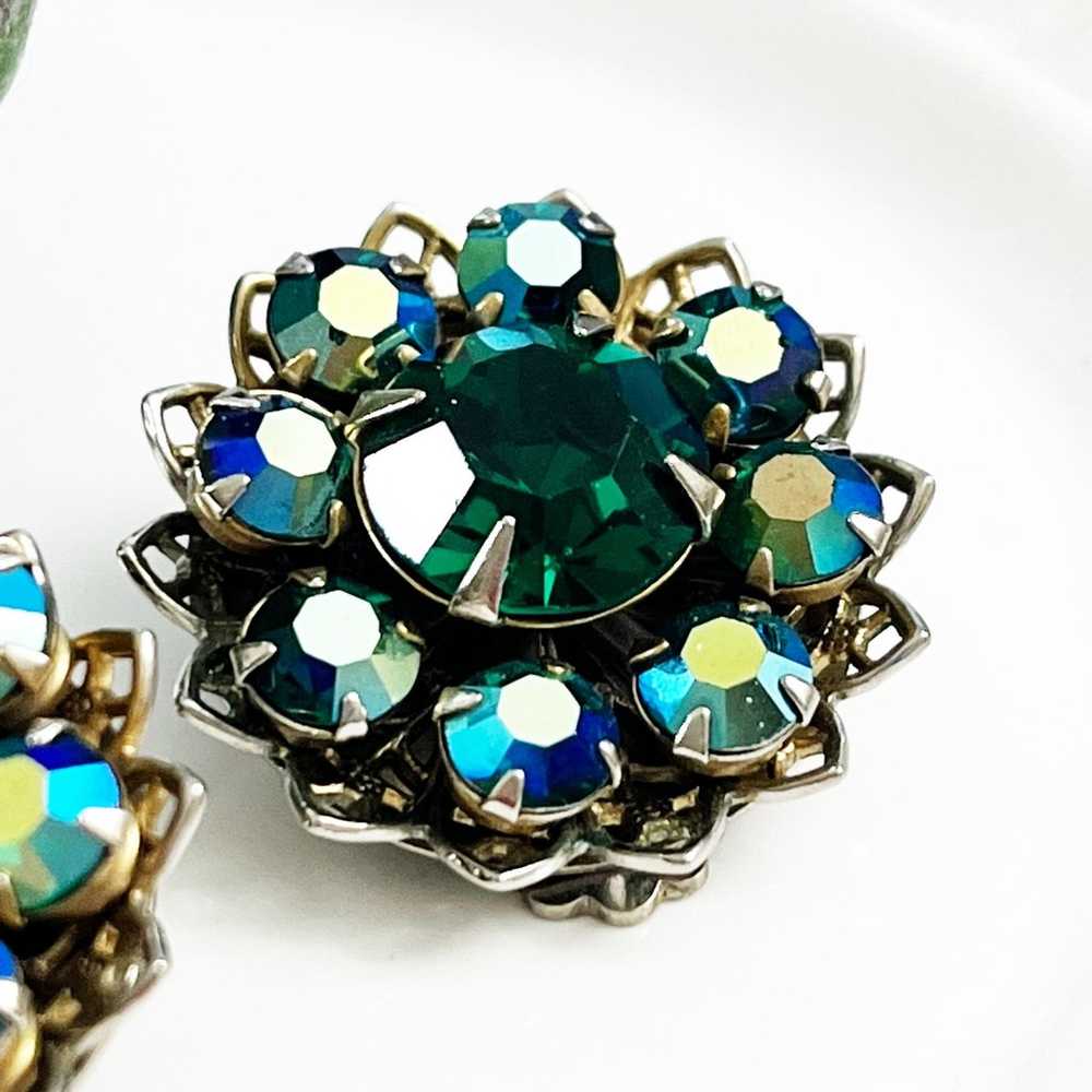 Vintage Aurora Borealis Green Flower Clip Earrings - image 2